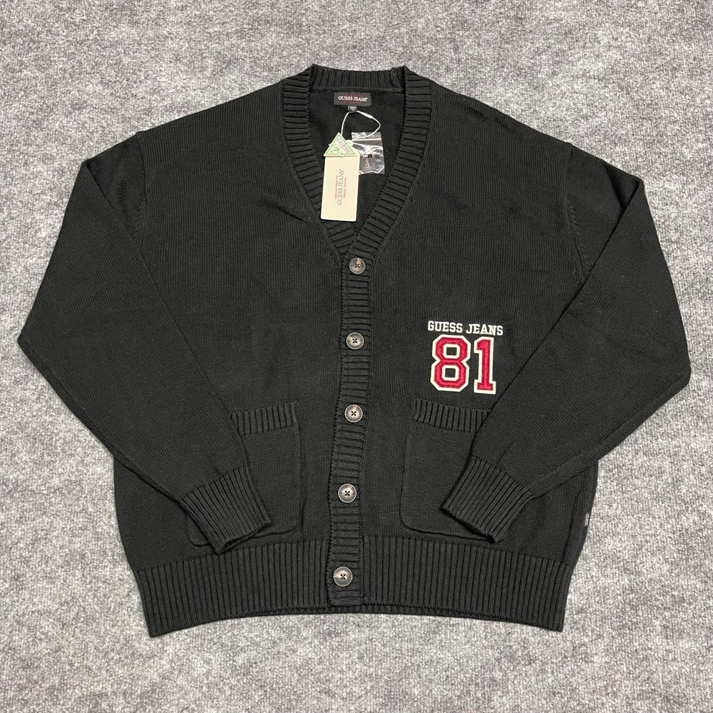 Guess Jeans Cardigan Sweater Men Large Black Varsity 81 Patch Ribbed Grandpa NEW
